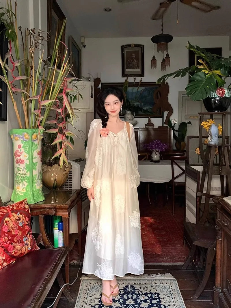 Hnewly French Vintage Midi Dress Women Casual Long Sleeve Elegant Dress Beach Style Even Party Clothing Korean Fashion Chic