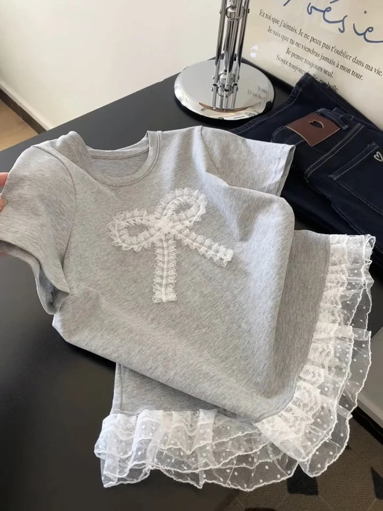 Hnewly  Lace patchwork Short Sleeved T-shirt Ballet Style Sweet Bow Top Women's Korean Round Neck Loose Versatile Tee Casual Pullover
