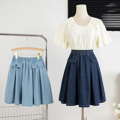 Hnewly M-5XL Oversize Denim Skirt Women's New Elastic High Waisted A-line Loose Fit Retro Knee-length Skirt with Built-in Safety Shorts