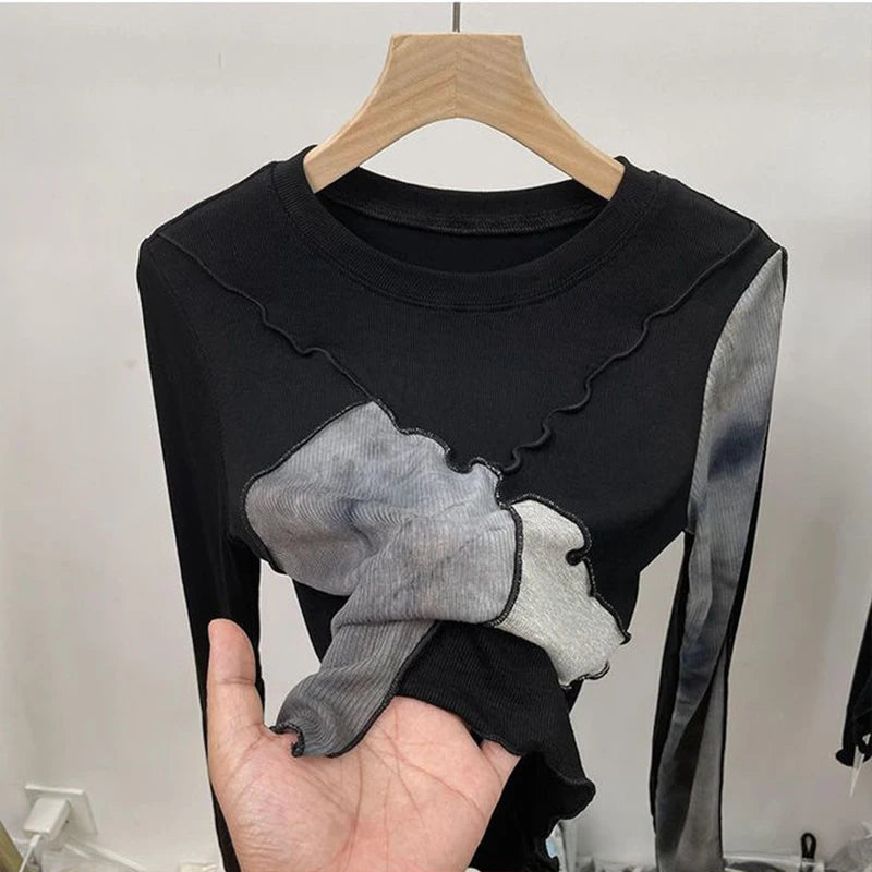 Hnewly Vintage Tie Dye Patchwork T Shirts Women Korean Chic Female Long Sleeve O Neck Tops Y2K Autumn Slim All Match Crop Tees Mujer