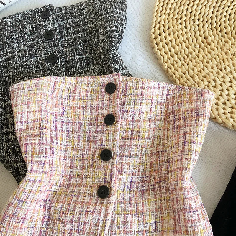 Hnewly  Retro Tweed Vest Elegant Off Shoulder Strapless Slim Irregular Short Top Women's Spring Summer Single Breasted Sleeveless Tank