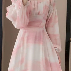 Hnewly  Pink Chiffon Dresses Woman Square Neck Spring Autumn Long Dress A-line Korean Fashion Elegant Sweet Vestidos Mujer