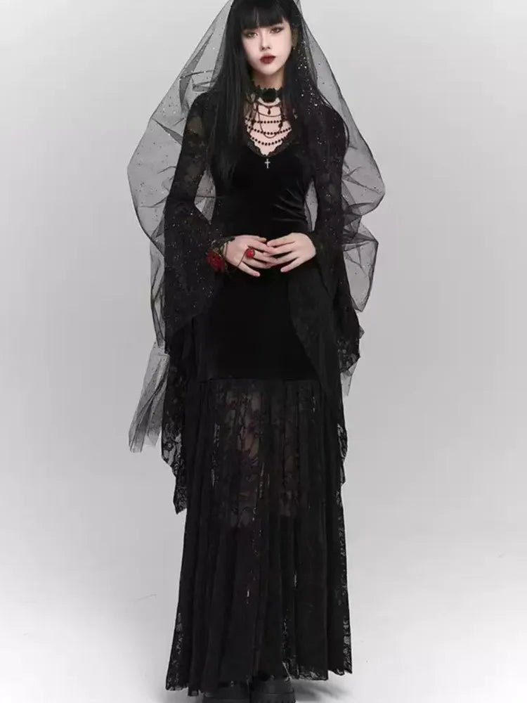Hnewly Halloween Gothic Women Dress Long Sleeve High Waist Lace Dresses Y2K Vintage Punk Sexy Goth Aesthetic Slim Party Club Robe
