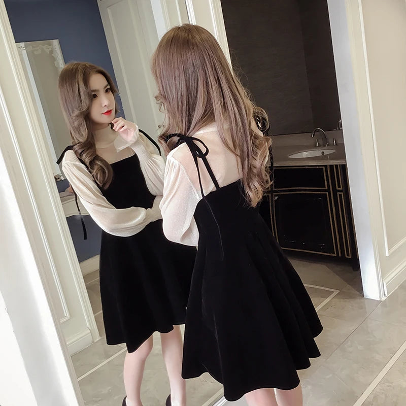 Hnewly Spring New Elegant Two Piece Dress for Women Women Winter Korean A-Line O-Neck Tops and Black Sundress Streetwear Dress Vestidos