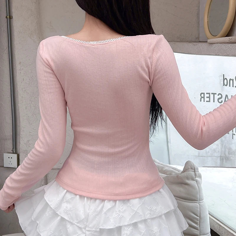 Hnewly Cute Square Collar T Shirts Knitwear Full Sleeve Sweet Slim-fitting Crop Top Women Kawaii Coquette T-shirts y2k Aesthetic