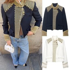 Hnewly  Women Military Style Jacket Gold Tassel Trim Stand Collar Short Coat Royal Court Fashion Outerwear Autumn Winter Tops