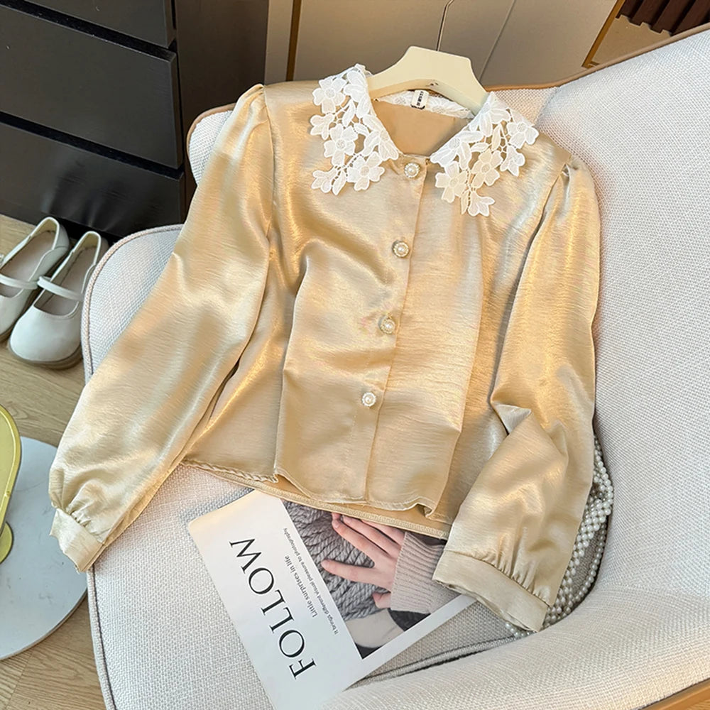 Hnewly  Elegant Satin Spliced Lace Shirt Women French Style Summer 2025 Doll Collar Pearl Single Breasted Light Luxury Long Sleeve Tops