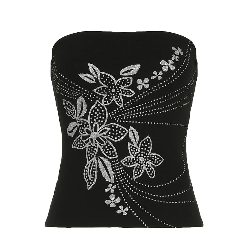 Hnewly Gothic Floral Print Tube Top Black Strapless Skinny Cropped Tops for Summer Casual Graphic Tees y2k Streetwear Vest Women