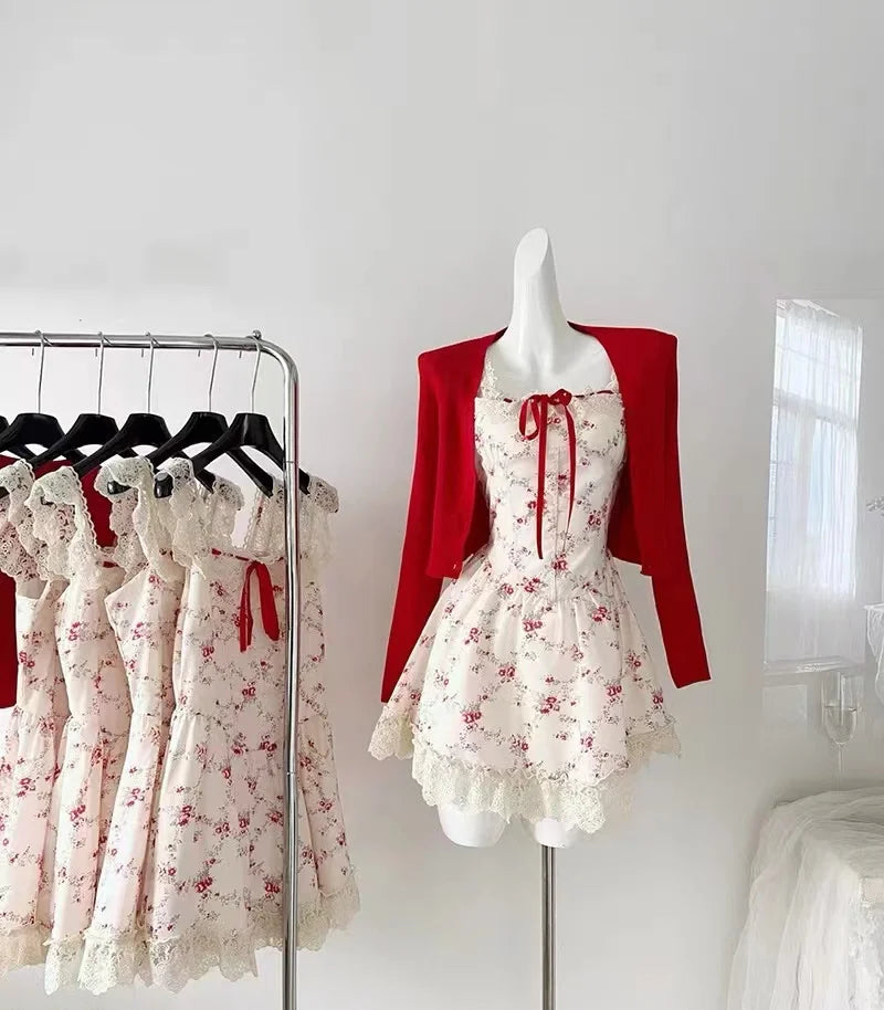 Hnewly DRESS TO IMPRESS 2024 New Sweet Floral Dress Set Woman Casual Red Short Cardigan Elegant Lace Y2k Mini Dress Beach Korean Fashion Clothing Suit