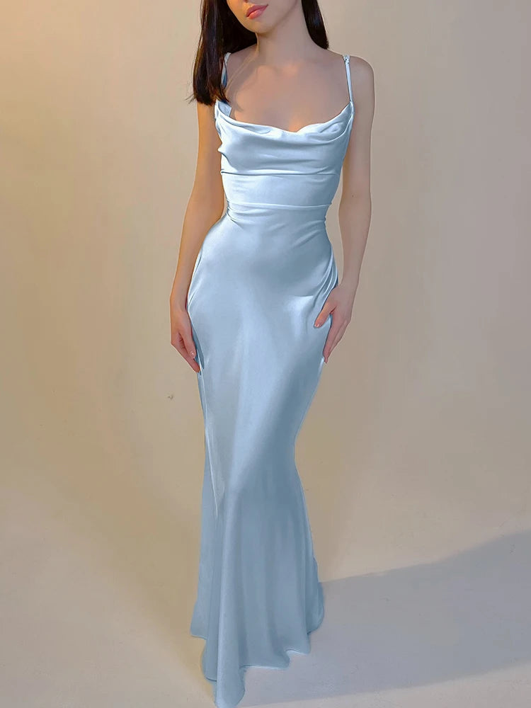 Hnewly Elegant Satin Slips Backless Solid Bandage Sexy Bodycon Maxi Dress Summer Women Clothes Evening Party Birthday Vacation
