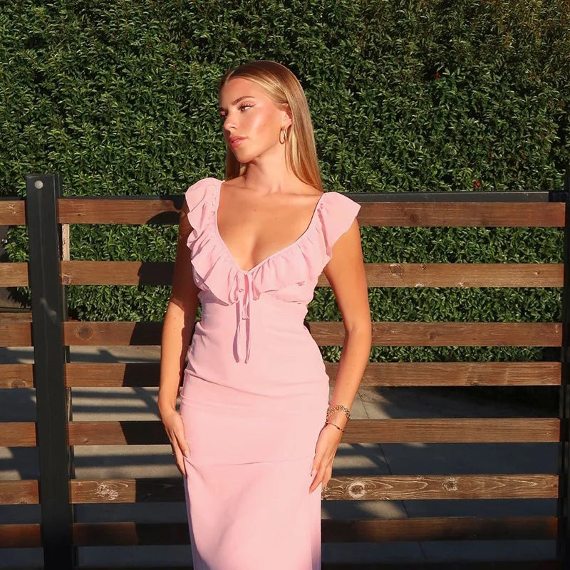 Hnewly Sexy Chic V-Neck Ruffle Trimmed Bodycon Dress with Straps Women's Clothing Summer New Dress Women's Party Dress