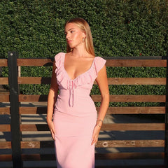 Hnewly Sexy Chic V-Neck Ruffle Trimmed Bodycon Dress with Straps Women's Clothing Summer New Dress Women's Party Dress