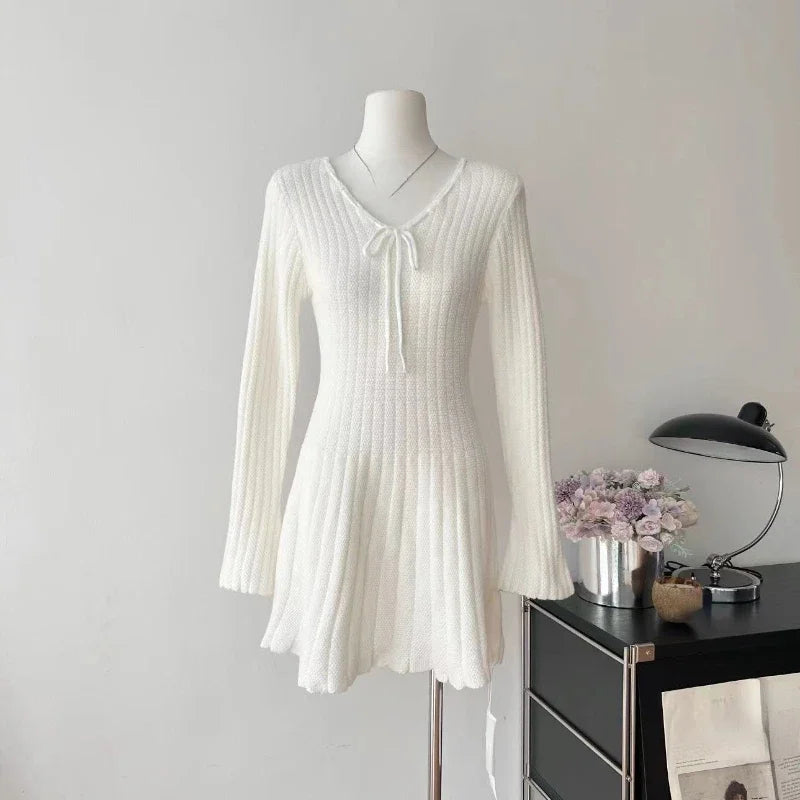 Hnewly cute winter outfits Sweet Knitted Sweater Dress Women Casual Long Sleeve Elegant French Y2k Mini Dress Even Party Autumn Korean Fashion Chic