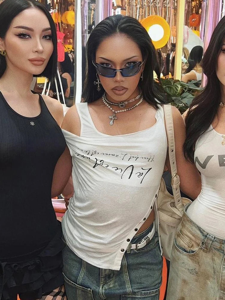 Hnewly  Irregular Button Crop Tops Women Ruched Biased Collar Letter Print Side Slit Daily Casual Simple Street Basic Tees