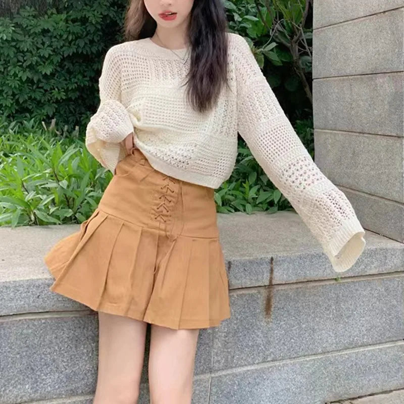 Hnewly  Long Sleeve Pointelle Knit Top Women Sheer Openwork Boxy-fit Crew Neck Pullovers Sweater Female Teen-girl Boho Vacation Outfit