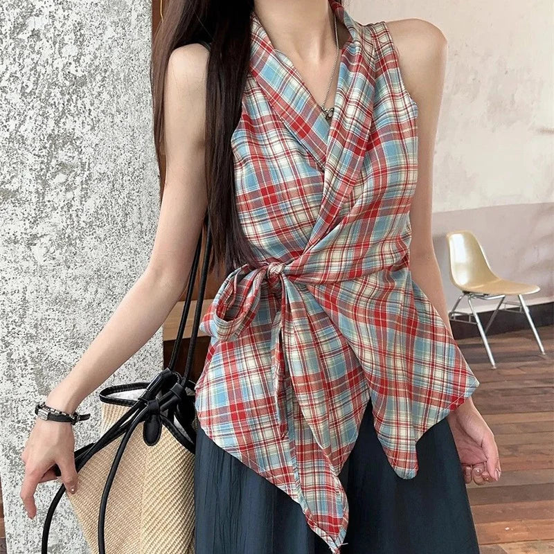 Hnewly  Fashion Shirring Assymmetrical Hem Tops Women Korean Red Plaid V-Neck Short Tees Woman Chic Side Bandage Sleeveless Blouse Mujer