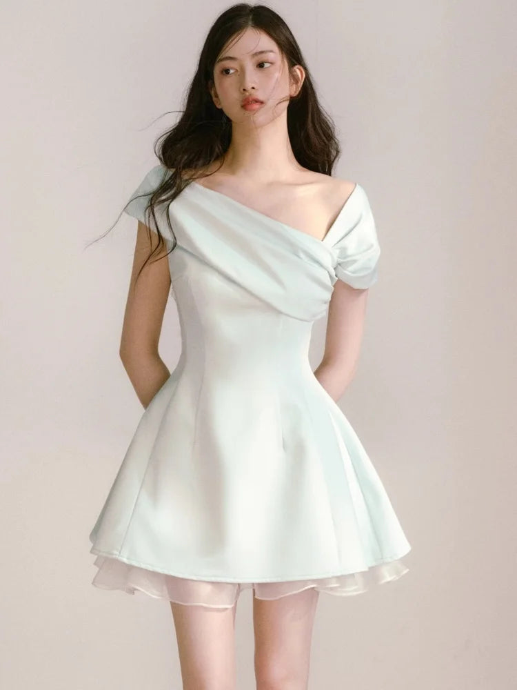 Hnewly Women's Y2K Vintage Chic Dresses Summer 2025 New Asymmetrical Neck A-Line Inclined Shoulder Vestidos Party Prom Evening Dress