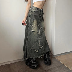 Hnewly  Y2k Patchwork Denim Long Skirt Women Retro Slim Ripped Mid-Waisted Mermaid Hem Skirts Fashion Tassel Irregular Skirt
