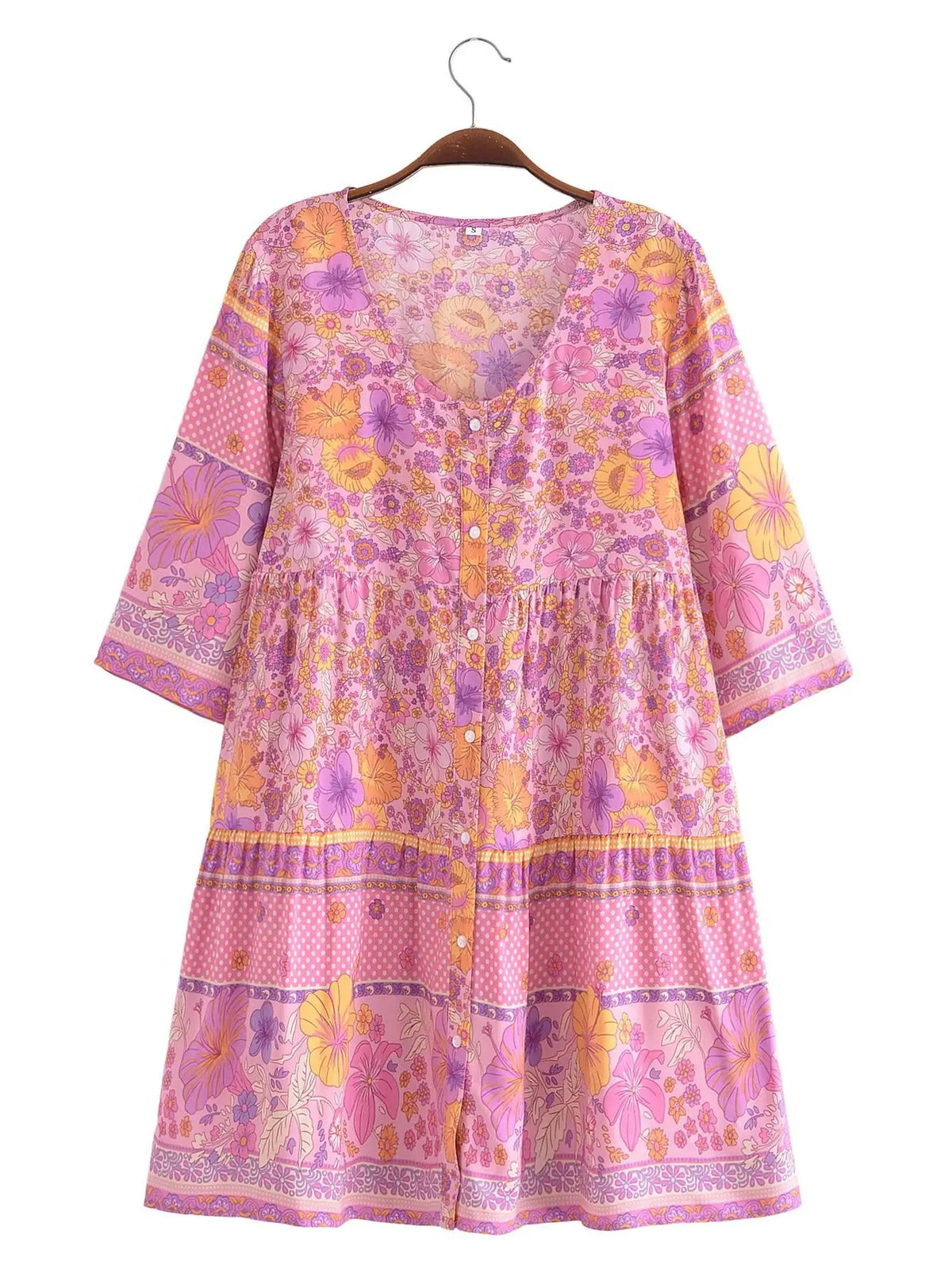 Hnewly  V neck Flower Print Single-Breasted Buttons Mini Dress Woman Spliced Ruched Pleated Short Sleeve Loose Robe Holiday