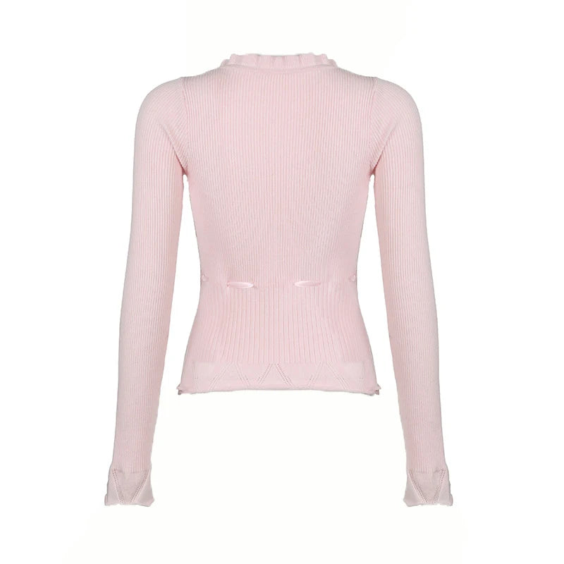 Hnewly Fairycore Clothing Top y2k Women Ruffle Lace Patchwork Long Sleeve Knitted T Shirt 2000s Coquette Clothes Streetwear