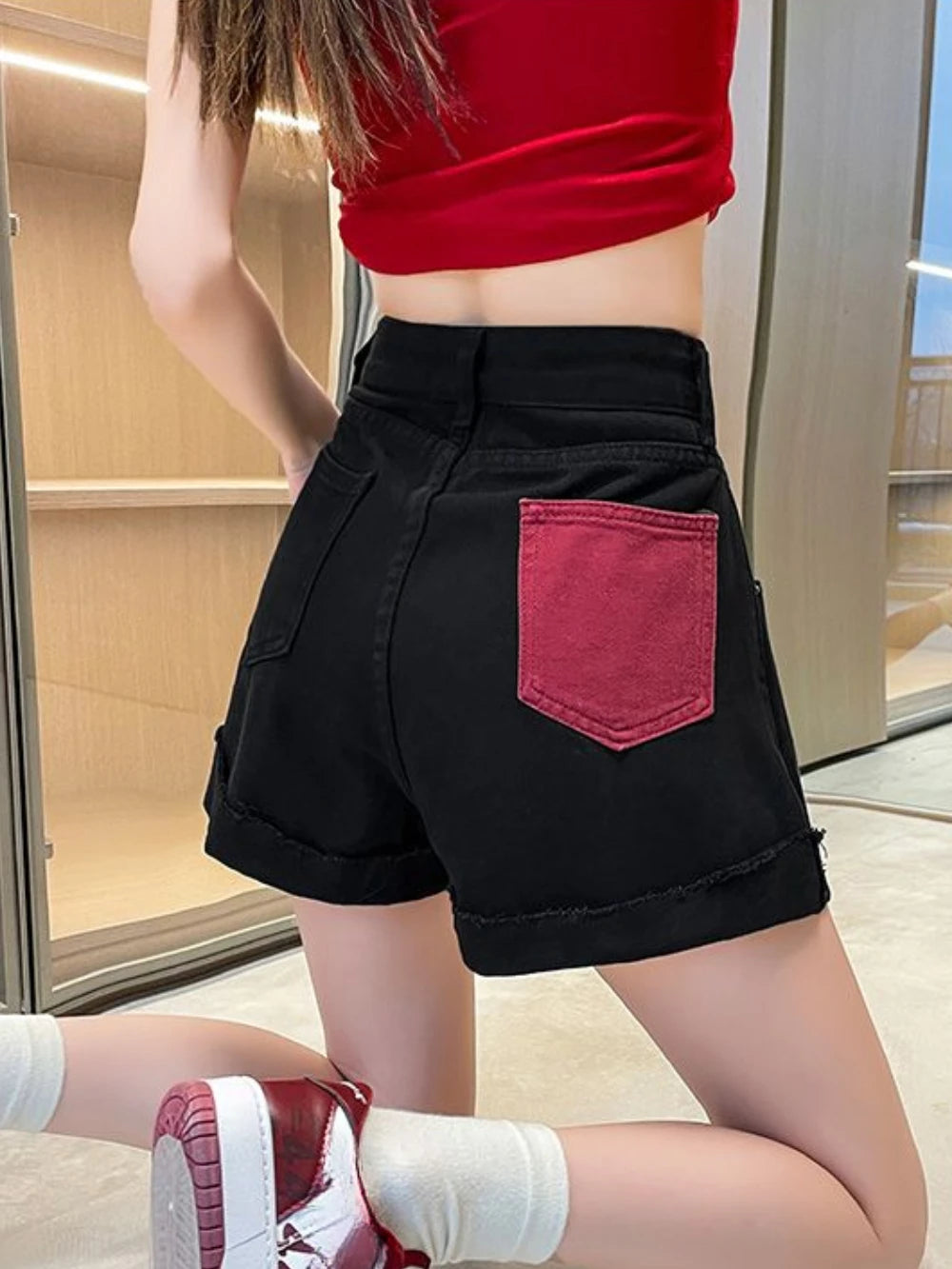 Hnewly  Summer Contrast Color Pocket Women's High Waist Denim Shorts 2025 Korean Style Youthful Tassel Ripped Female Short Jeans Pants