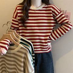 Hnewly  Women's Striped T-shirt Basic Tops Spring Autumn Fashion Color Contrast Loose O-neck Long Sleeve knitting Sweater