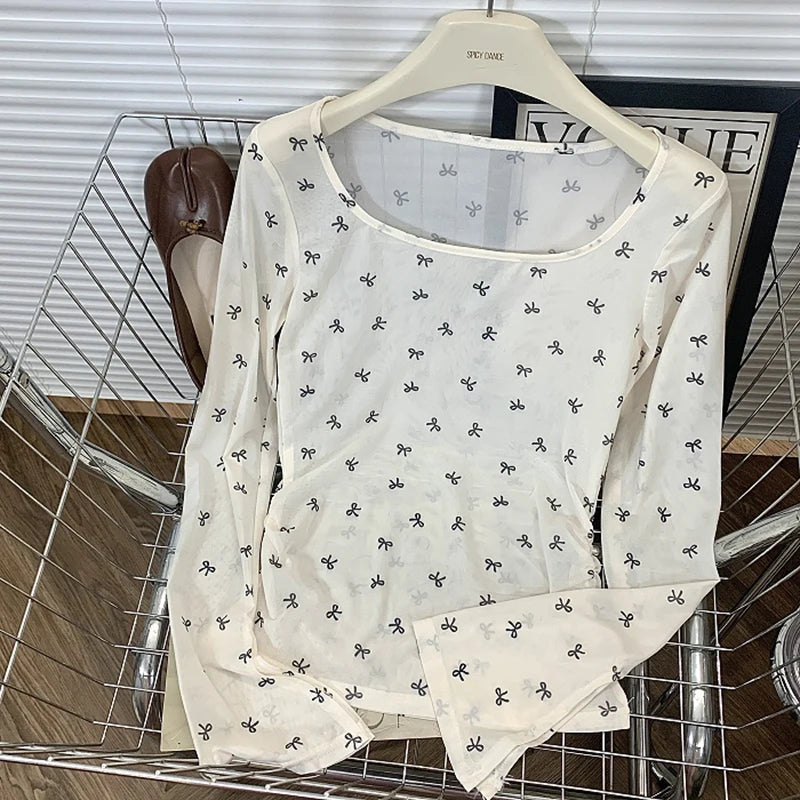 Hnewly Pink Bow Printed Long Sleeved T-shirt Women's Spring  Summer Sun Protection Top Korean Version Round Neck Slim Fit Versatile Tee