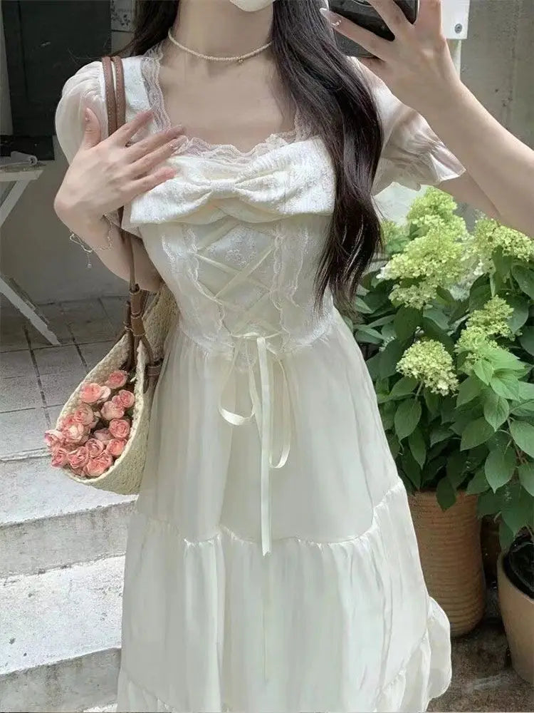 Hnewly  Women Dresses Square Collar Bow Bandage Ribbon Puff Short Sleeve Bow Princess Sweet Elegant Female Dress Casual