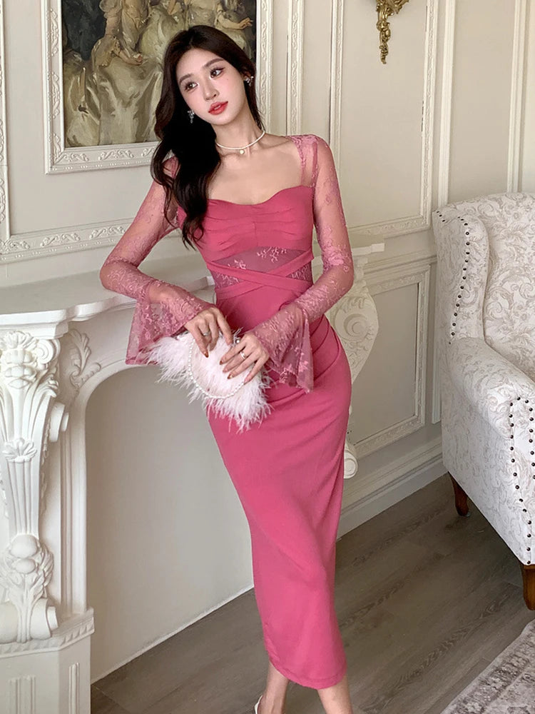 Hnewly New Autumn Fashion Sweet Stretchy Long Dress Women Clothes Elegant Sexy Square Collar Skinny Folds Midi Robe Party Prom Vestidos