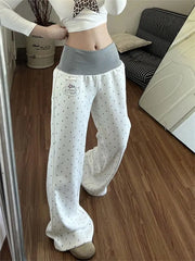 Hnewly  Y2k Aesthetic Polka Dot Printing Womans Pantalones Harajuku Stripe Patchwork Flare Pants Vintage Grunge High Waist Trousers