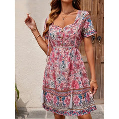 Hnewly  Pink Flower Print Mini Dresses Woman New Stylish Square Collar Tassel Short Sleeve Summer Carnival Party Dress