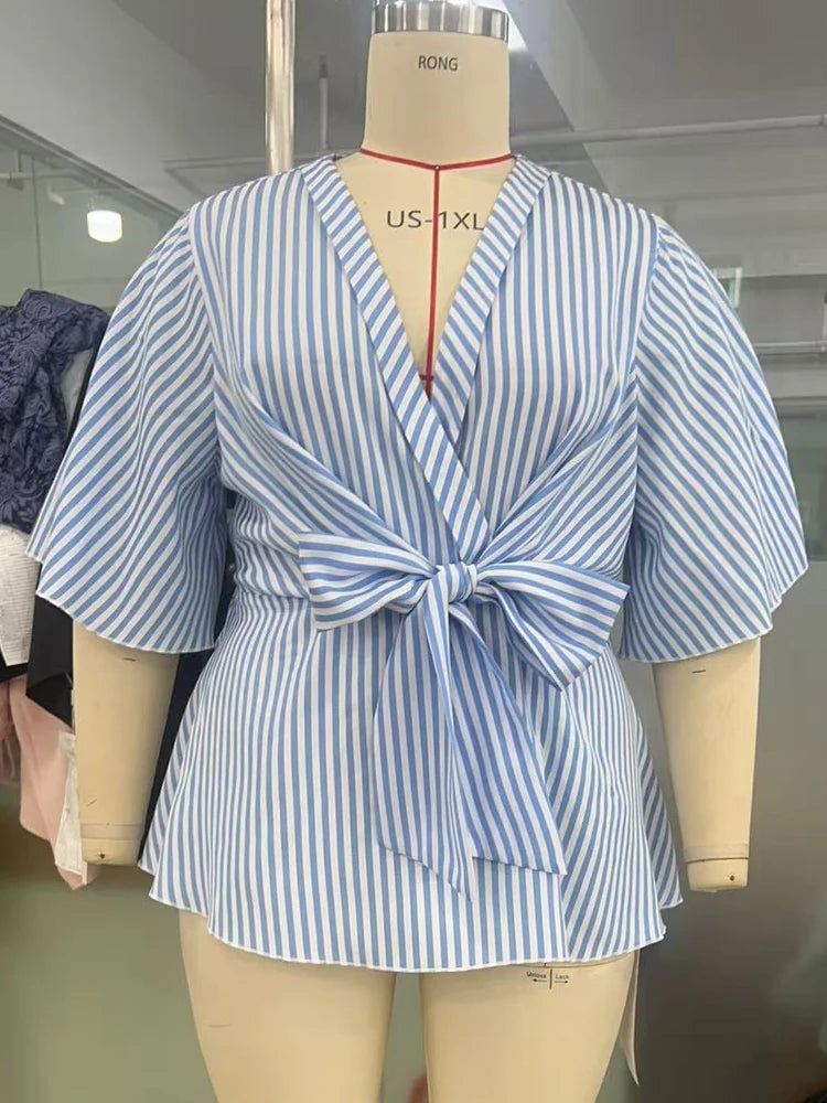 Hnewly  Hot Sale Summer Beach V-Neck Bow Waist Plus Size Shirt Top Blue Stripe Elegant All-Match Large Size Women's Clothing