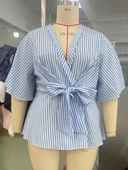 Hnewly  Hot Sale Summer Beach V-Neck Bow Waist Plus Size Shirt Top Blue Stripe Elegant All-Match Large Size Women's Clothing