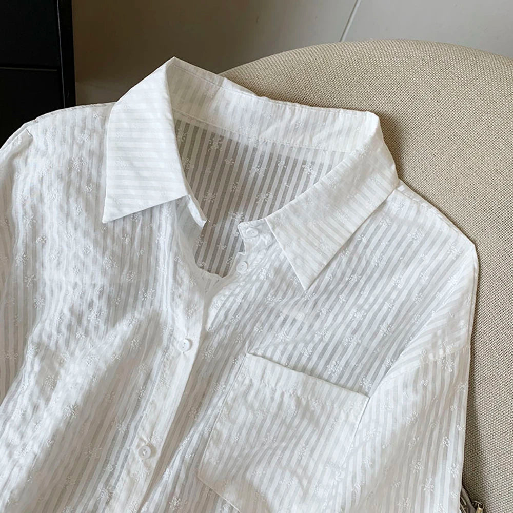 Hnewly  Pink Striped Sun Protection Shirt Women's Summer Thin Single-breasted Outwear Loose Fit Lazy Style Casual Open Front Female Tops
