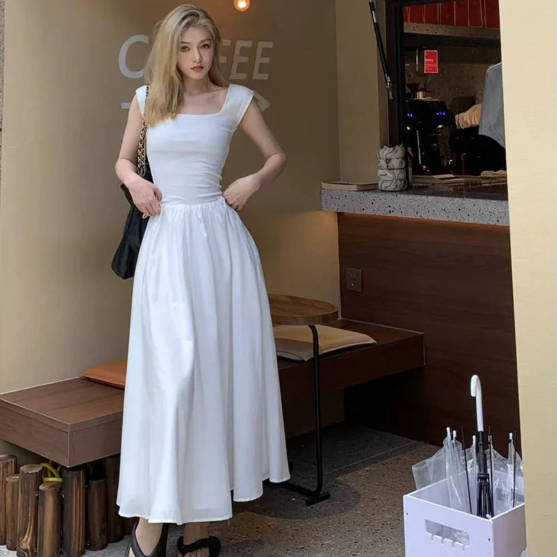 Hnewly Elegant Stitching Dress Female Korean Chic Square Collar Short Sleeve Beach Party Dress Ladies High Waist All-Match A Line Dress