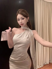 Hnewly  Woman Dress Lace Patchwork Sleeveless Diagonal Collar Satin Split Solid French Style Temperament Party Dresses Elegant