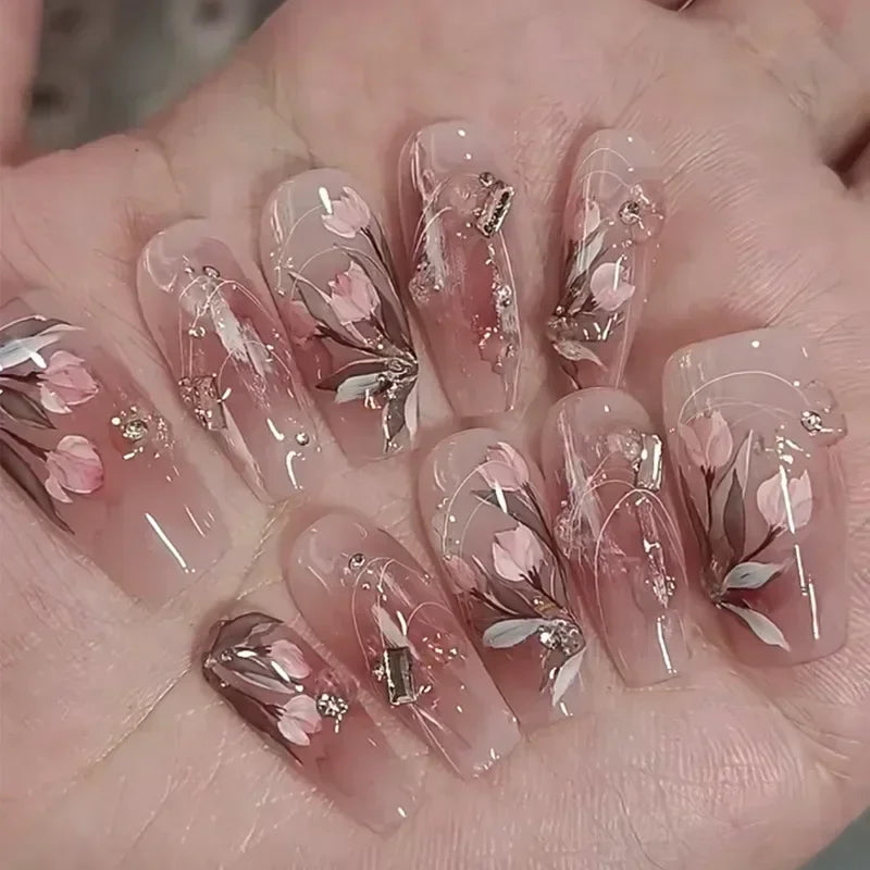 Hnewly 24Pcs False Nails French Gradient Ballet Fake Nails Press on Nails Black Heart Rhinestone Design Glitter Full Cover Nail Tips