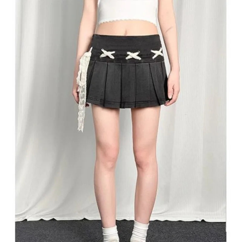 Hnewly  Bow Lace Up Blue Washed Denim Skirt for Women American Vintage Pleated A-line Skirts 2025 Summer New Faldas Sexy Mujer