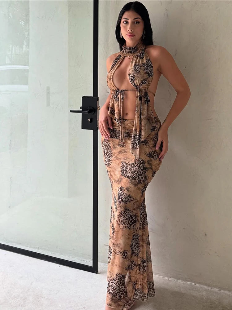 Hnewly  Tie-Dye Fashion 2 Piece Set Women Halter Turtleneck Ruffles Backless Tops+Ruched Skirts Vacation Beach Party Outfits