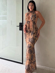 Hnewly  Tie-Dye Fashion 2 Piece Set Women Halter Turtleneck Ruffles Backless Tops+Ruched Skirts Vacation Beach Party Outfits