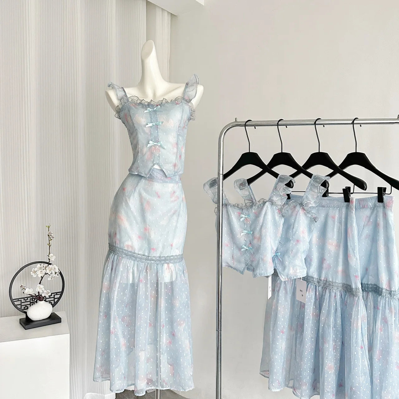 Hnewly Blue 2 Piece Dress Sets 2024 Summer French Retro Elegant Bodycon Y2k Crop Tops + Sweet Skirts Fairy Style Beach Party Aesthetic
