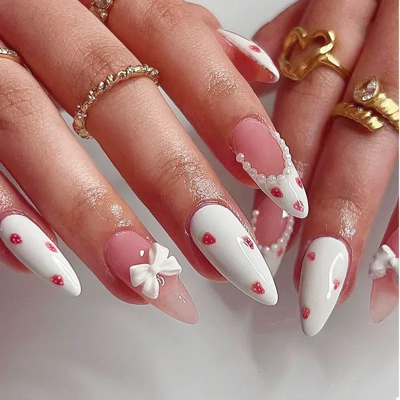 Hnewly 24Pcs Cat Eye Press on Nails with Almond Head Bow Diamond Stick on False Nail Sweet Pink French Full Cover Artificial Nails Tips