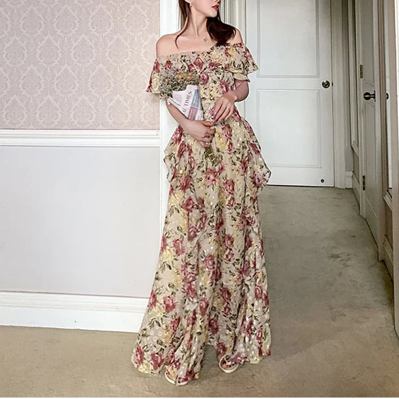 Hnewly French Elegant 2000s Vintage Dress Women Floral Floor-Length Sexy Wedding Party Long Boho Dress Beach Style 2024 Summer Y2k Chic
