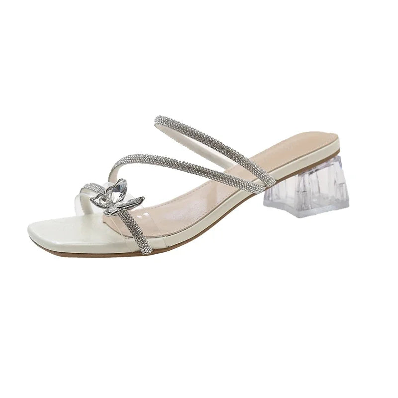 Hnewly  New Woman Sneaker Slippers Women Slides Mules Casual Square Mid Heels Women Shoes Crystal Bling Slippers Plus Size