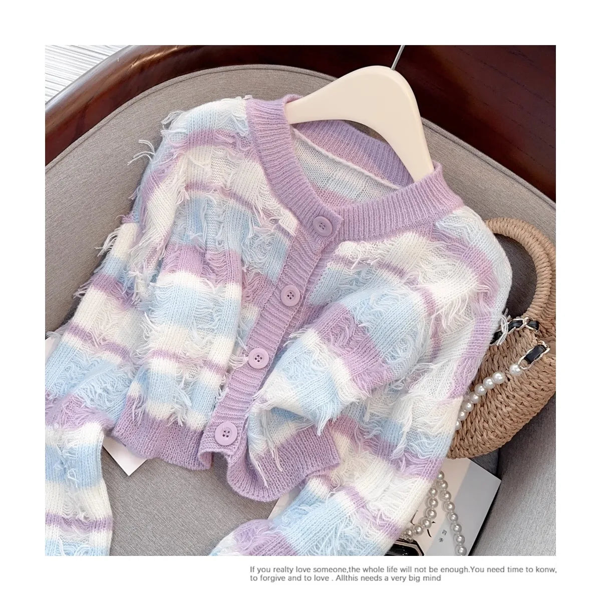 Hnewly Striped Fashion Tassel Sweater Women's Autumn Single Breasted  O-Neck New Short Knitted Cardigan Long Sleeve Top