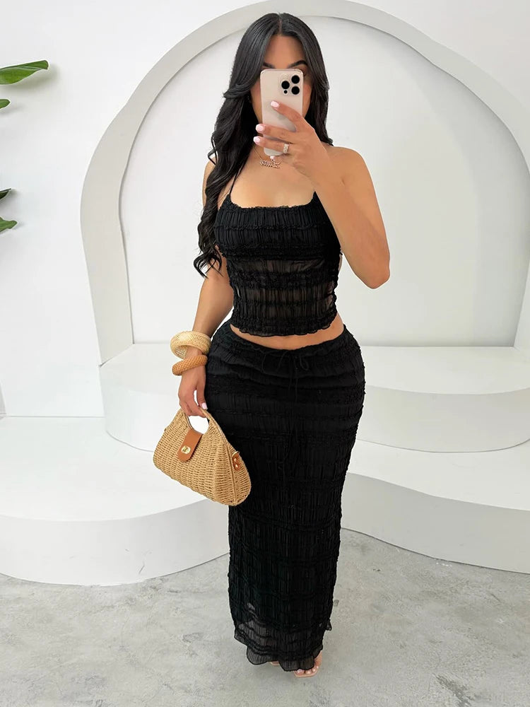 Hnewly  Mesh Backless 2 Piece Set Women Halter Lace-Up See Through Crop Tops+Loose Elegant Long Skirts Vacation Trend Outfits