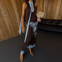 Hnewly  Women Satin Lace Trim Maxi Skirt Sets Y2k Tie Up Collar Sleeveless Cami Crop Top + Long Skirt Elegant Lady 2 Piece Outfits