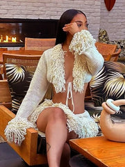 Hnewly Crochet Tassel 2 Piece Set Women  Lace-Up Cardigan Full Sleeve Crop Tops+Irregular Slits Mini Skirt Sexy Hipster Suit