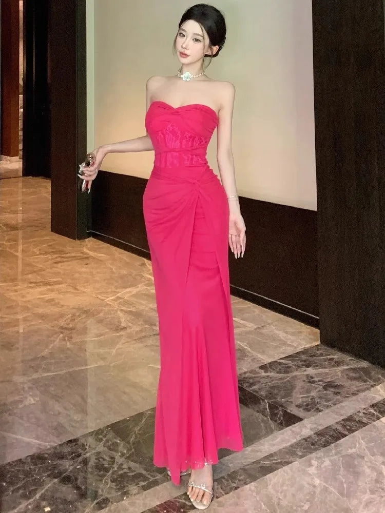 Hnewly  Dresses Women Sexy Lace Patchwork Strapless Slim Ruched Backless Temperament Cocktail Dress Party Female Fashion