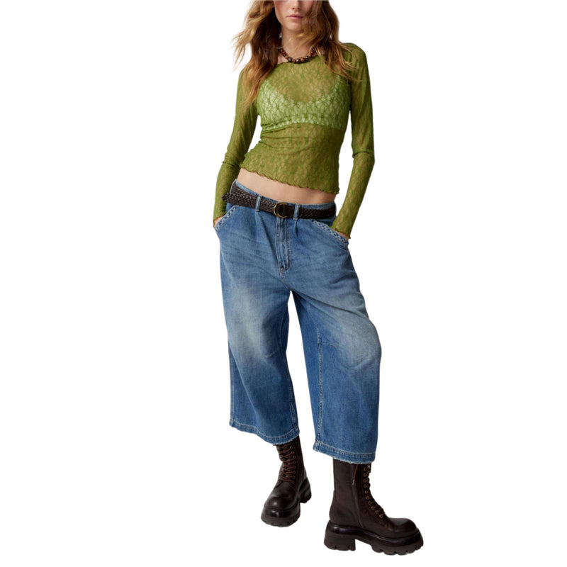 Hnewly Lace Tops for Women y2k Clothes Sheer See Through Round Neck Long Sleeve Ruched T Shirt 2000s Clothing Party Clubwear